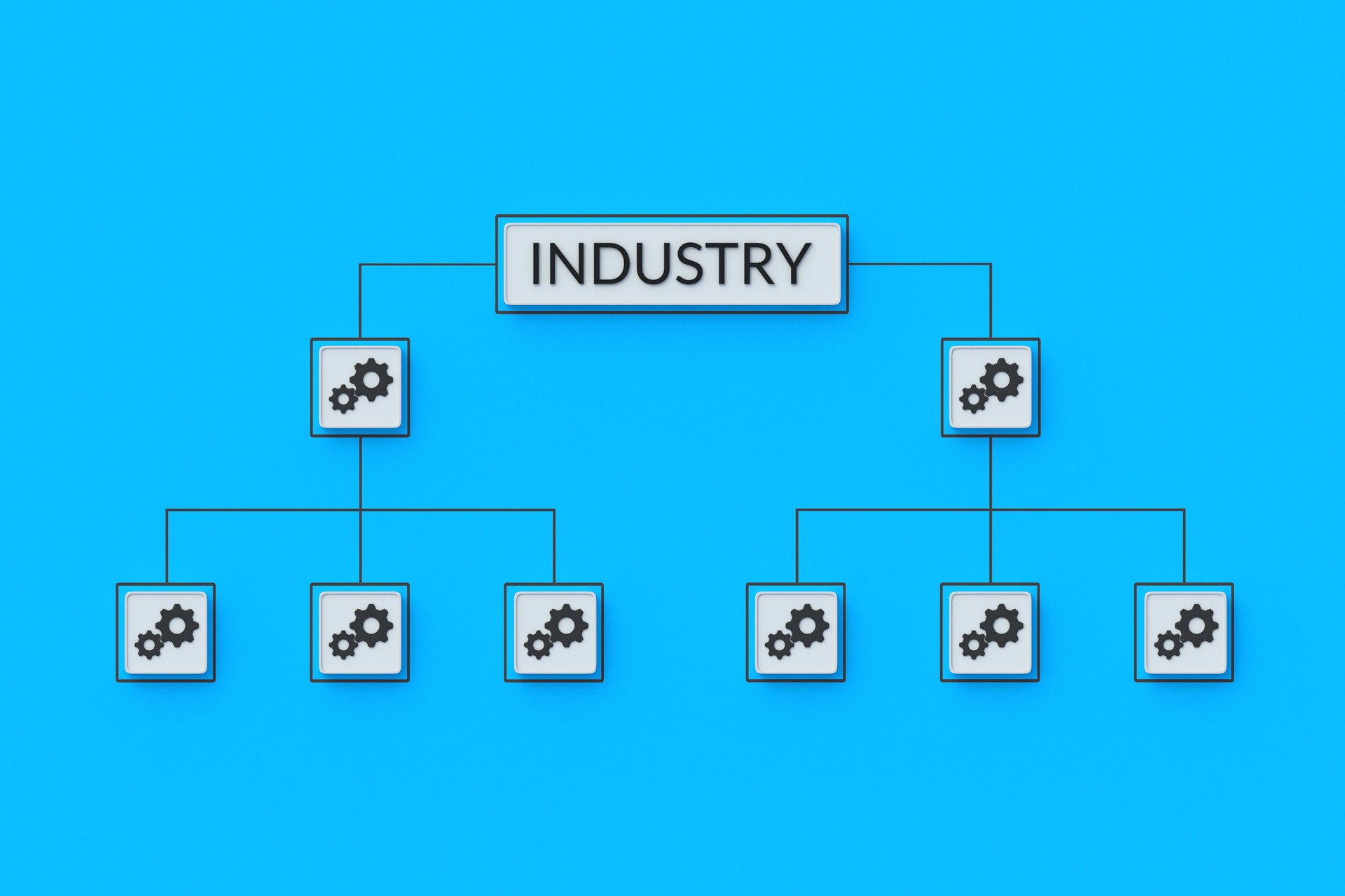Gears and word industry on gears. Megacorporation hierarchy diagram. Structure of subsidiaries. Cooperation and assistance to increase production. Process chain. Manufacturing optimization. 3d render