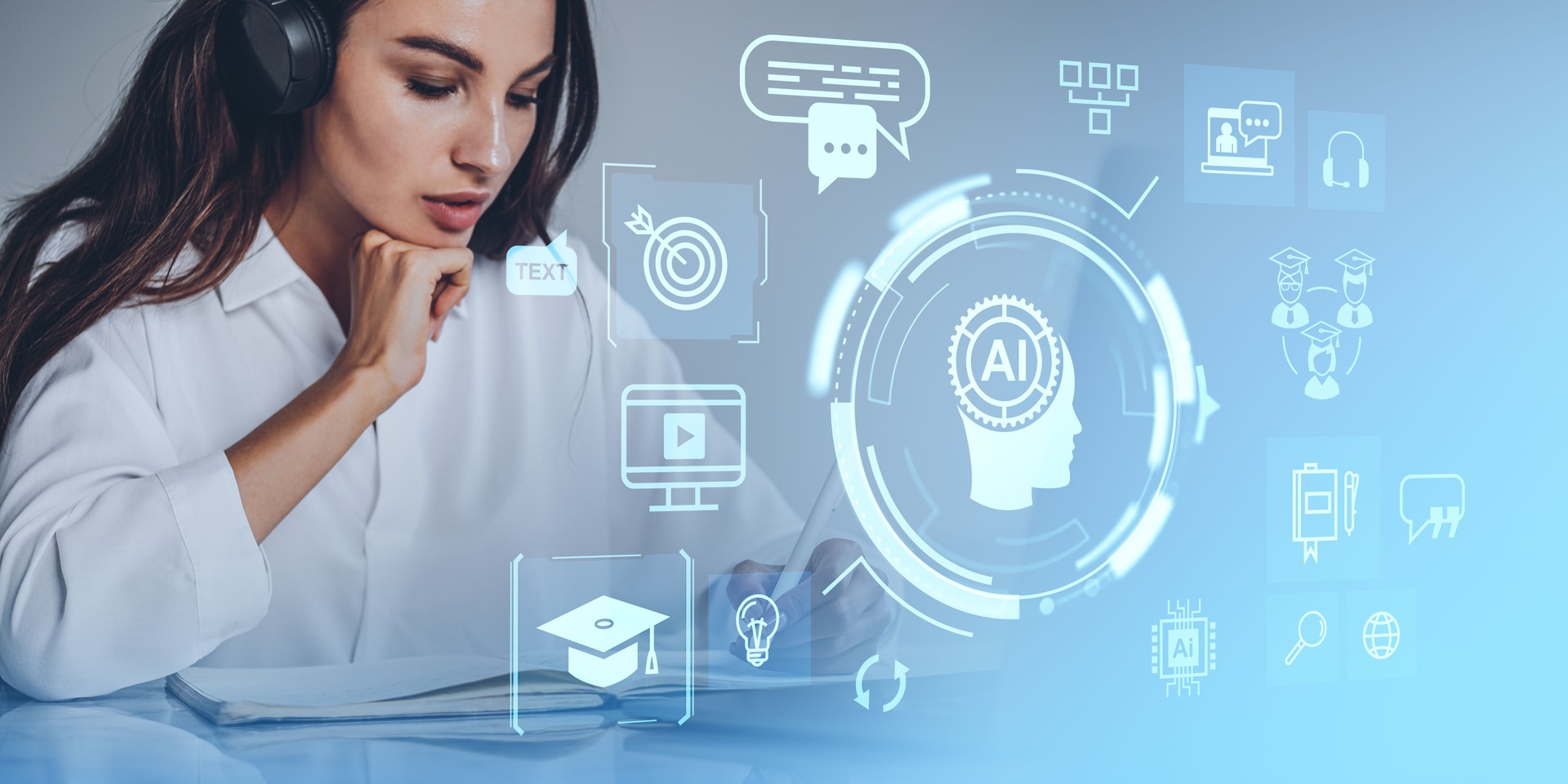 Woman wearing headphones, studying with digital AI icons overlay Woman wearing headphones, studying with digital AI icons overlay